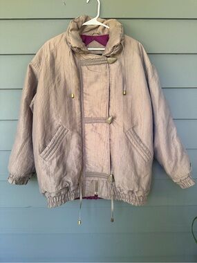 Vintage Izzi Metallic Neutral Taupe Jacket with Braid and Toggle Large Retro